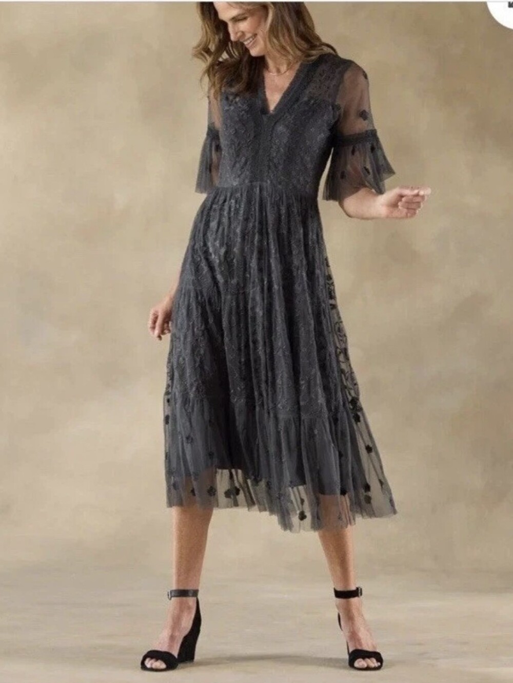 Tolani Charcoal Gray Embroidered Tulle Midi Dress
